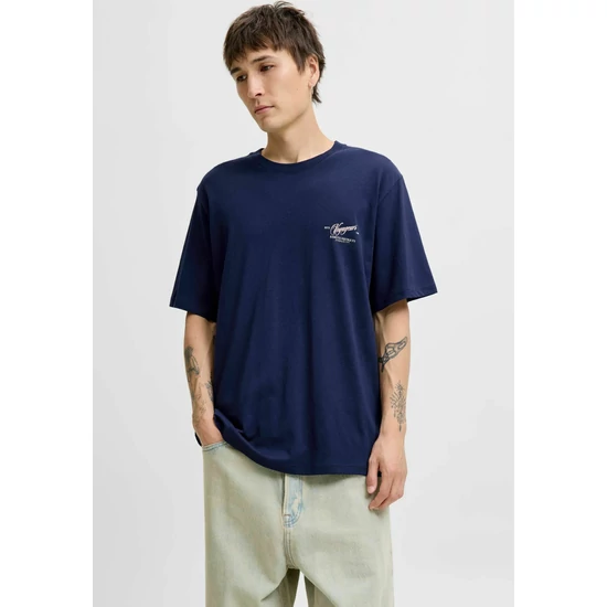 Jack & Jones, Bő fazonú férfi póló mintával a hátoldalán, kék, L