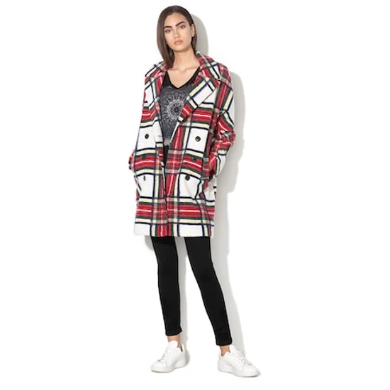 DESIGUAL, Dorian gyapjútartalmú kockás kabát, bézs/piros/zöld, 46