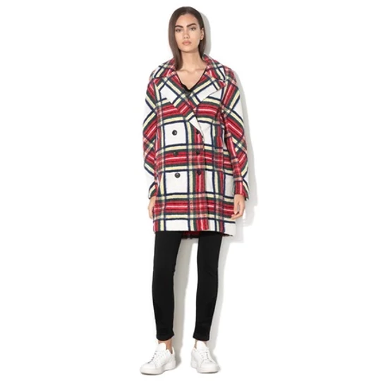 DESIGUAL, Dorian gyapjútartalmú kockás kabát, bézs/piros/zöld, 46