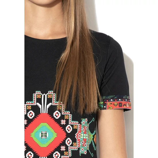 DESIGUAL, Josephinne grafikai mintás midiruha, Fekete/Piros/Zöld, XS