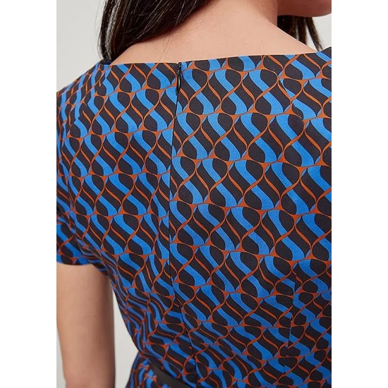 Elegáns Comma Női Rövid Ruha Geometriai Mintával, Kék/Fekete/Barna 38 EU